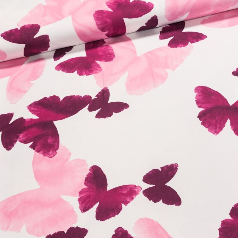 Dekorační závěs SOFT 33227-106, růžoví motýli na bílé, šířka 150cm (látka v metráži)