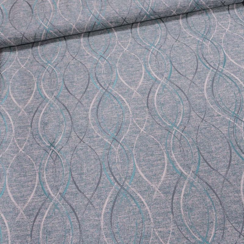 Dekorační závěs, tyrkysové vlnky na žíhaném podkladu, šířka 140cm (látka v metráži)