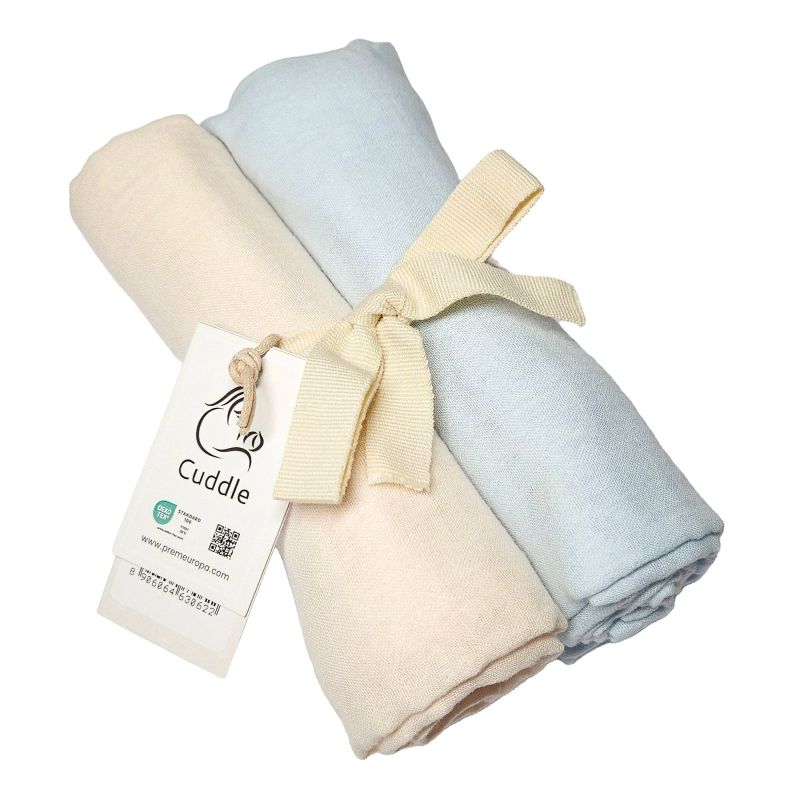 Dětské bavlněné látkové / mušelínové pleny MUŠELÍN cream+blue, smetanová a modrá, 130g/m2, 70x70cm, 2 kusy v balení