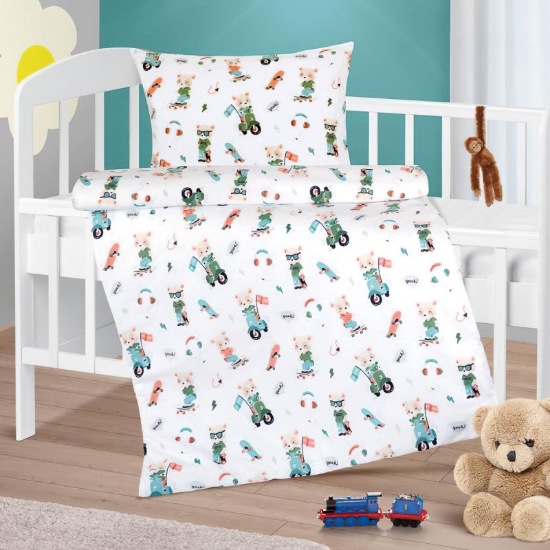 Dětské povlečení do postýlky MEDVÍDEK NA MOTORCE, bílé, bavlna hladká, 90x135cm + 45x60cm