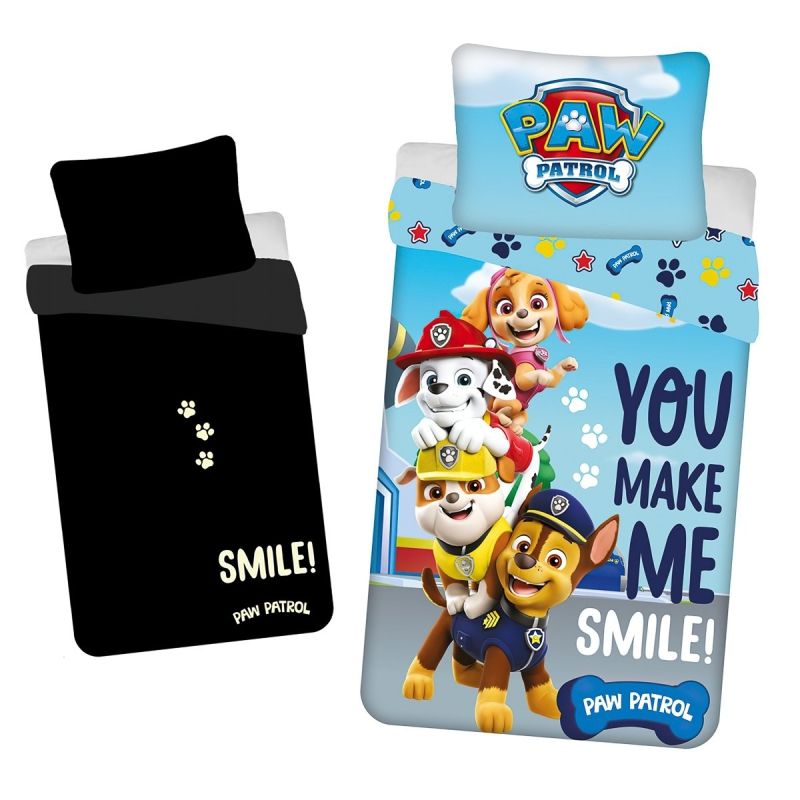 Dětské povlečení TLAPKOVÁ PATROLA (PAW PATROL PP325) SVÍTÍCÍ EFEKT, modré, bavlna hladká, 140x200cm + 70x90cm 