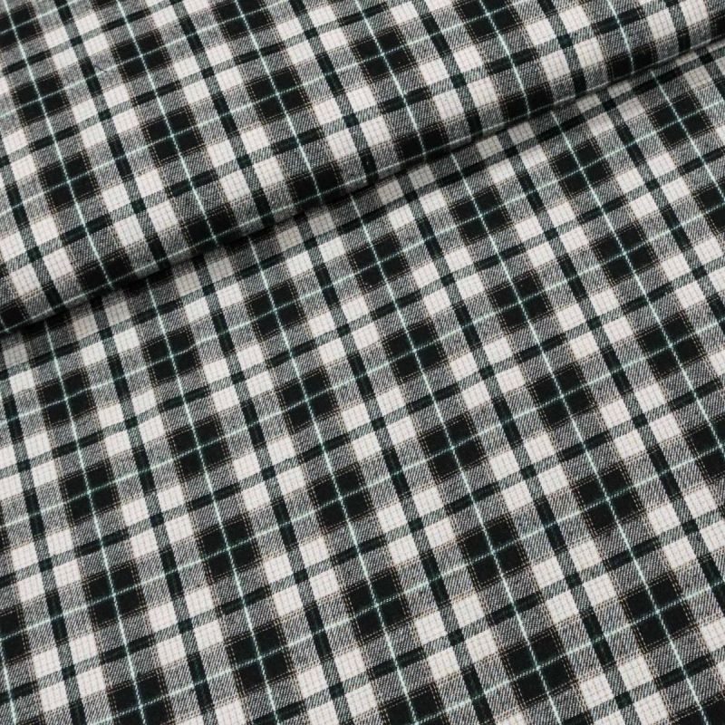 Flanel tkaný / barchet, oboustranný 13, černo-smetanovo-zelené káro, š.150cm (látka v metráži)