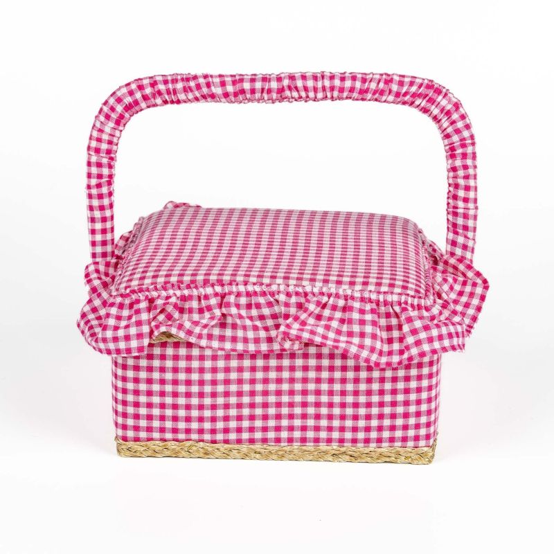 Kazeta / košík na šití, čalouněný 17 s výbavou, růžová kostička s kanýrem, 19,5 x 19,5 x 11cm