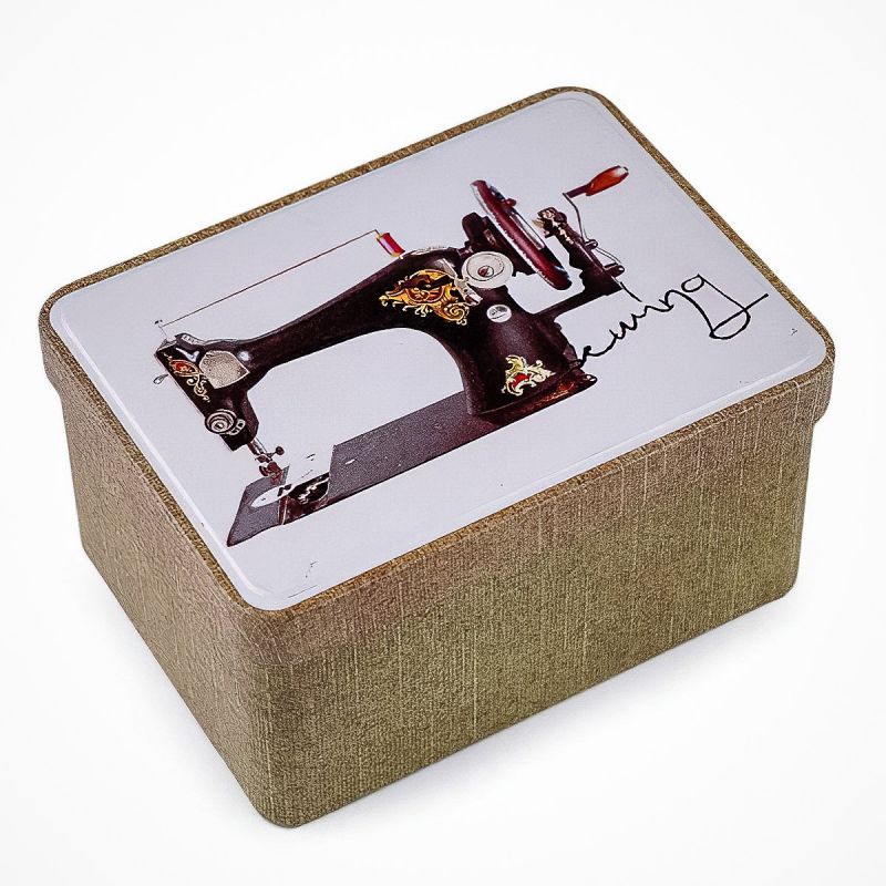 Krabička na šití a jehly, plechová 790322/4, béžová, šicí stroj, 9,5 x 12,5 x 6,5cm (obdélník)