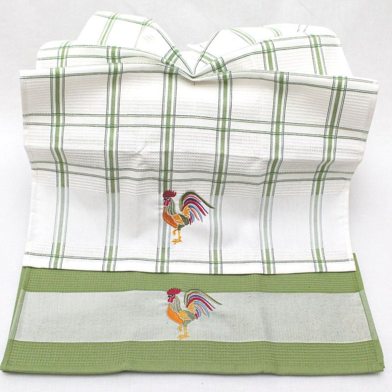 Kuchyňské utěrky KOHOUT vaflové vyšívané, zeleno-bílá, 2 kusy 45x70cm