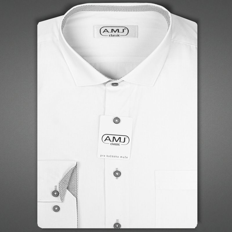 Pánská košile AMJ jednobarevná JDR018/34, bílá se světle šedými doplňky, dlouhý rukáv, regular fit