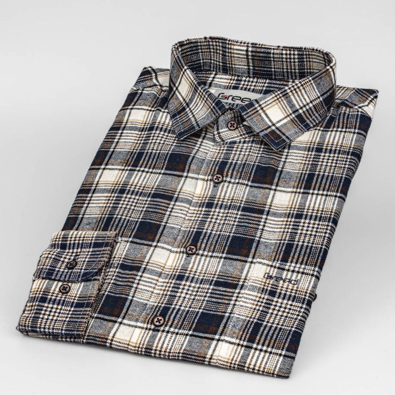 Pánská košile GREED flanelová, béžovo-modrá károvaná SDF383, dlouhý rukáv, regular fit