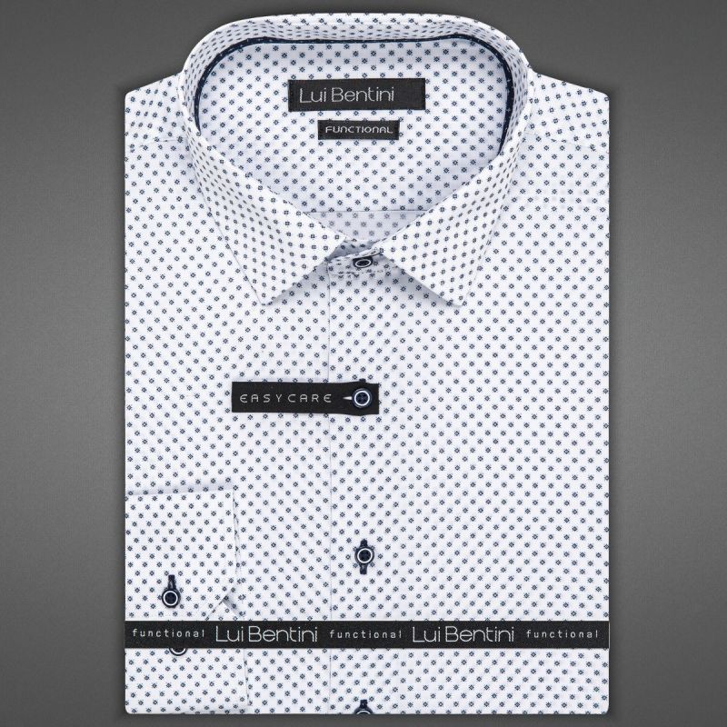 Pánská košile Lui Bentini FUNCTIONAL z lyocellu (na léto), bílá s tmavě modrými kolečky s tečkami LDF238, dlouhý rukáv, (regular + slim fit)