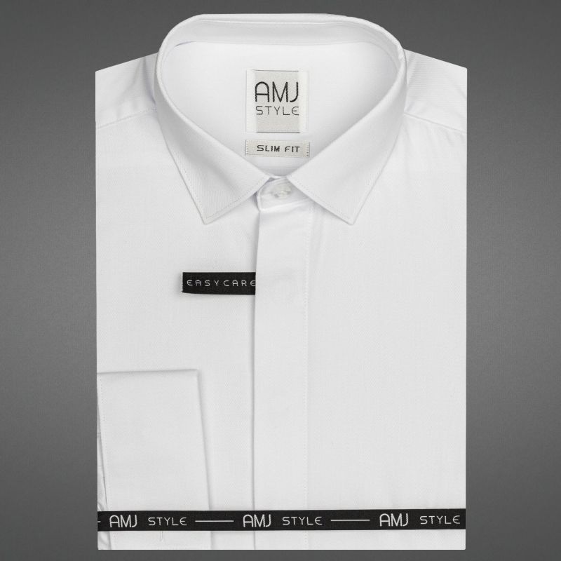 Pánská košile AMJ na manžetové knoflíčky, bílá s vytkávaným vzorem VDSA001MK, dlouhý rukáv, slim fit