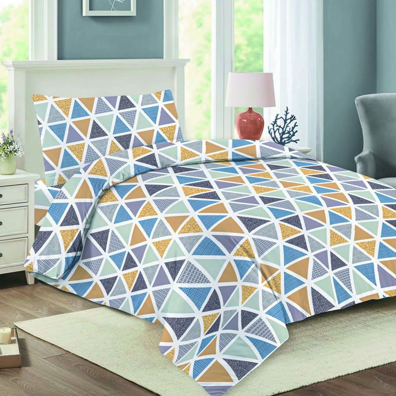 Povlečení NELA 03 TRIANGULO, modro-okrové trojúhelníky, bavlna hladká, 140x200cm + 70x90cm 