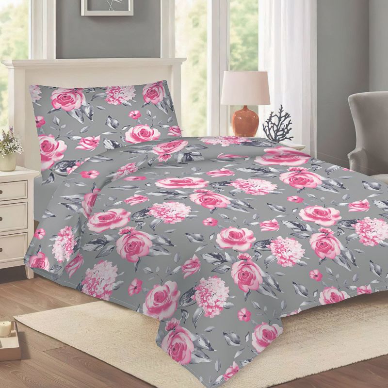 Povlečení NELA 31 DANA, růžové růže na šedé, bavlna hladká, 140x200cm + 70x90cm 