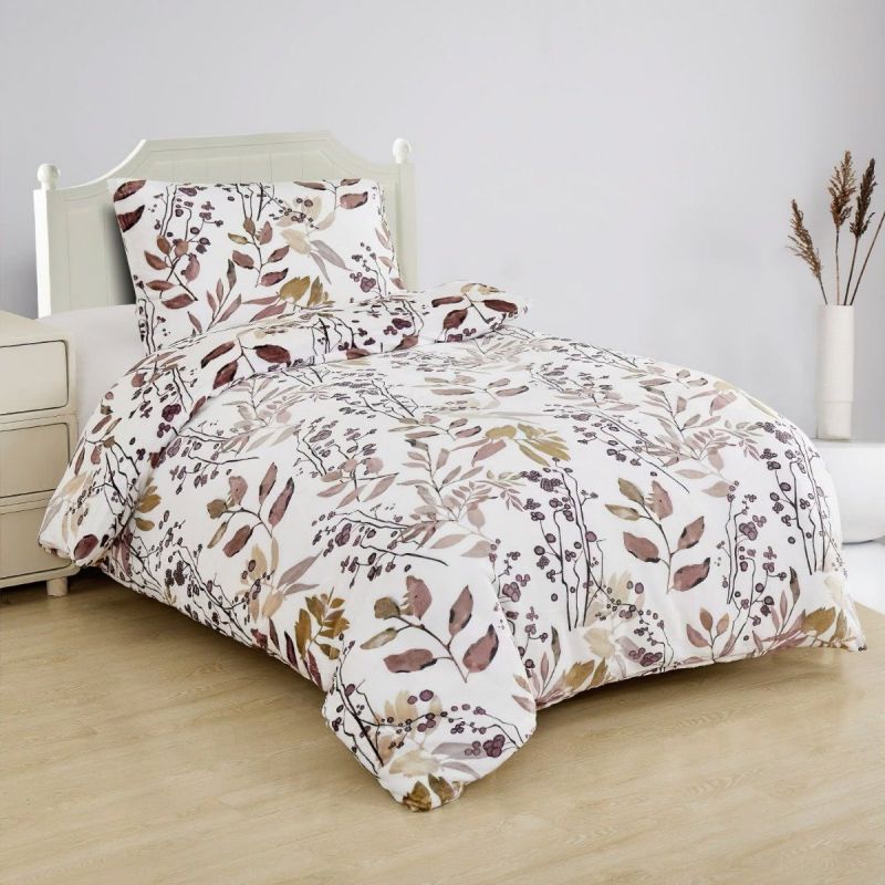 Povlečení RAMITA béžové lístky na bílé, mikroflanel, 140x200cm + 70x90cm