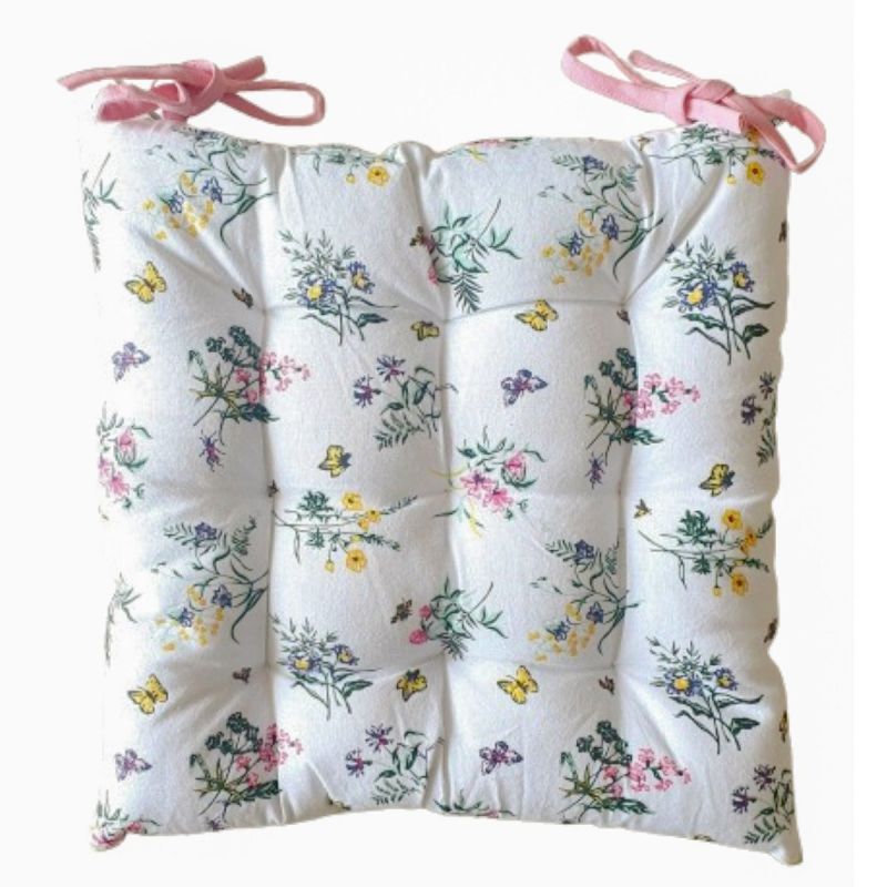 Prošívaný sedák QK-179, luční kvítí, bílo-růžová, čtverec 40x40cm