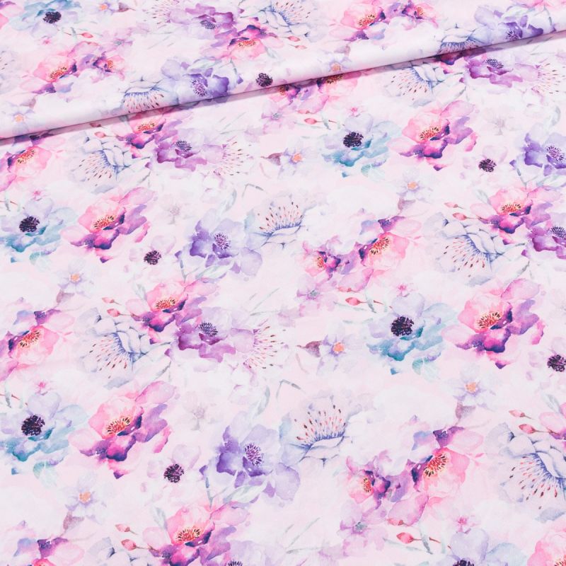 Šatovka polyesterová DT-23095 DIGITÁLNÍ TISK, růžovo-fialové květy, š.150cm (látka v metráži)