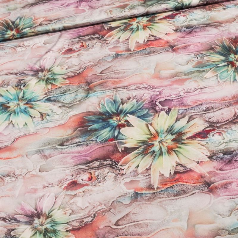 Šatovka / polyesterové hedvábí 2449 tyrkysové květy, š.140cm (látka v metráži)