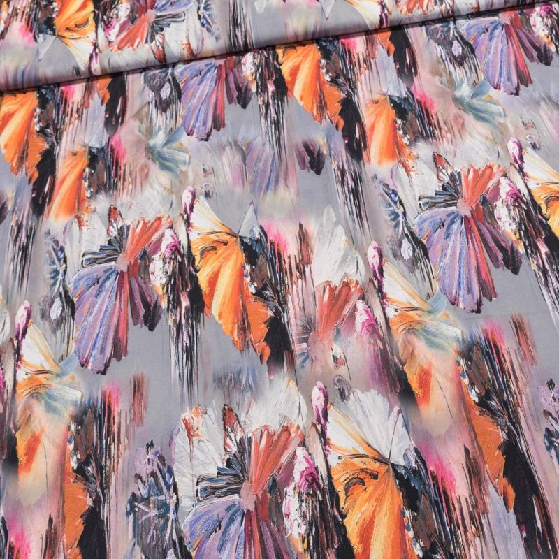 Šatovka / polyesterové hedvábí 2535B červeno-modro-šedé květy, š.140cm (látka v metráži)