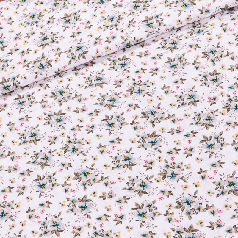 Šatovka viskózová 0079/02, modré a růžové kvítky na krémové, š.145cm (látka v metráži)