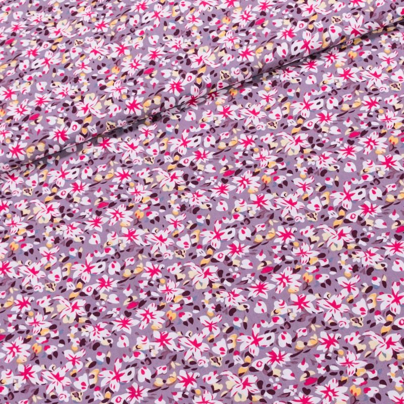 Šatovka viskózová 3136 D, červené a žluté květiny na šedo-fialové, š.145cm (látka v metráži)