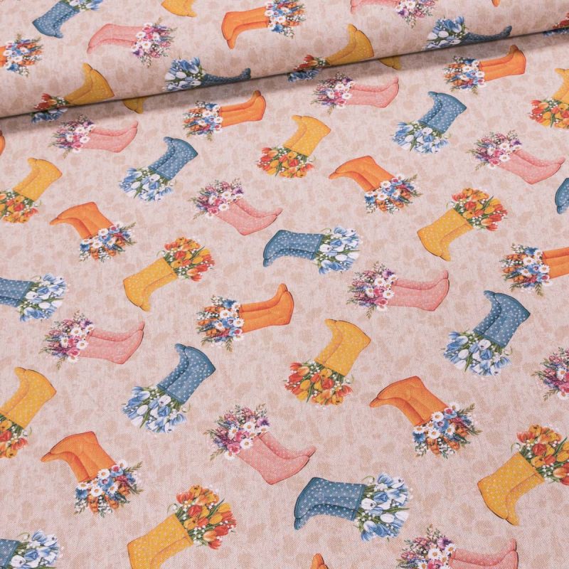 Směsové plátno 4102 CULA, holínky s květinami na béžové, š.140cm (látka v metráži)