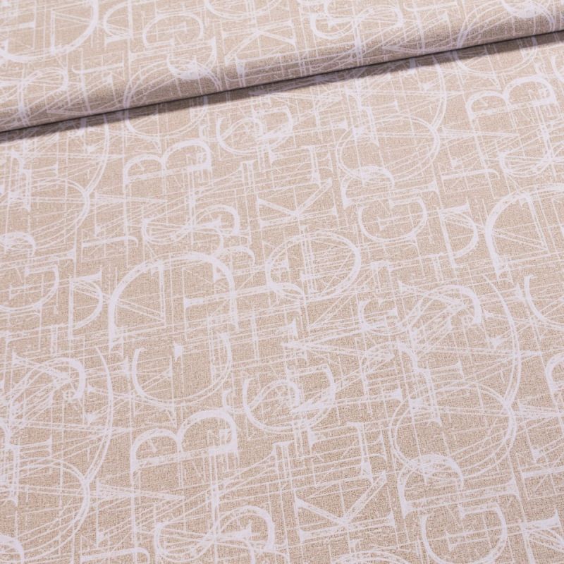 Směsové plátno LEONARDO BÉŽOVÁ písmena na béžové, š.140cm (látka v metráži)