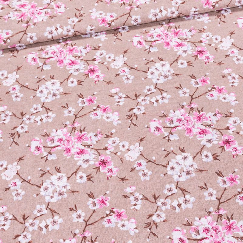 Směsové plátno LONETA, višňové růžové květy na béžové, š.140cm (látka v metráži)