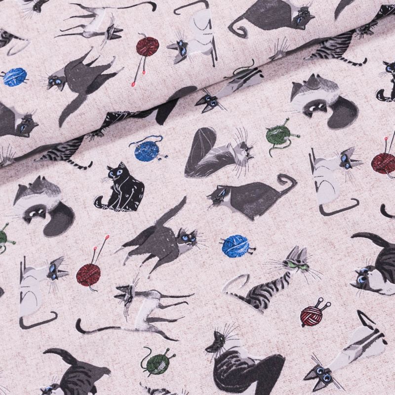 Směsové plátno TEO, kočky s klubíčky na režné, š.140cm (látka v metráži)