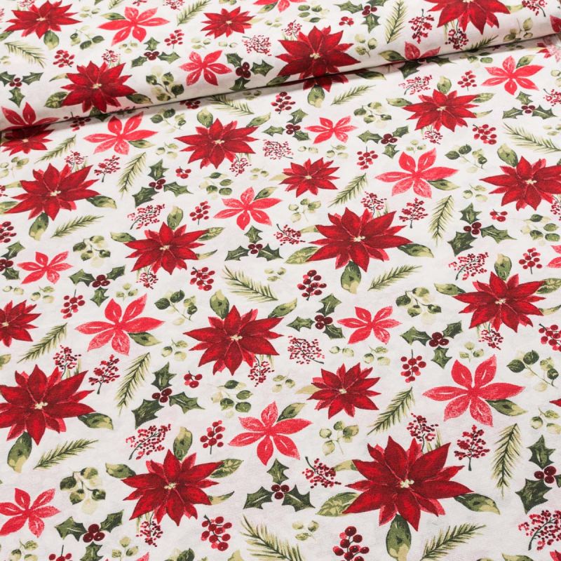 Směsové plátno vánoční HARMONY červená vánoční růže a mahonka na bílé, š.140cm (látka v metráži)