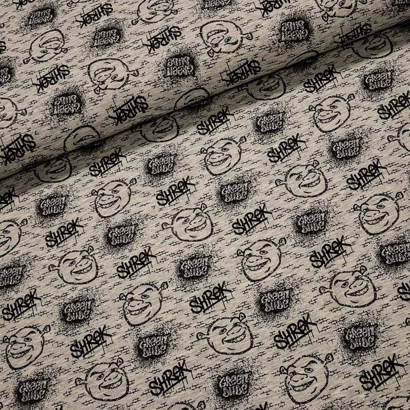 Směsový úplet dětský 8621-001 SHREK, hlavy na nápisy na šedé, š.150cm (látka v metráži)