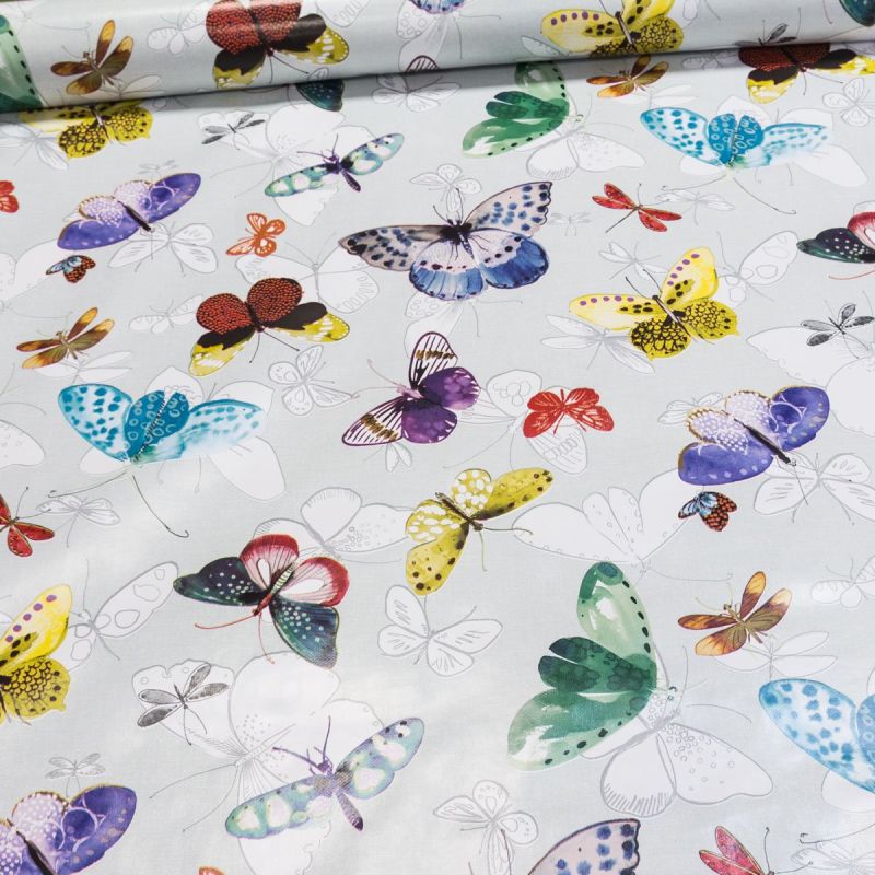 Ubrus PVC s textilním podkladem 170/1, barevní motýli na šedém žíhání, š.140cm (metráž)