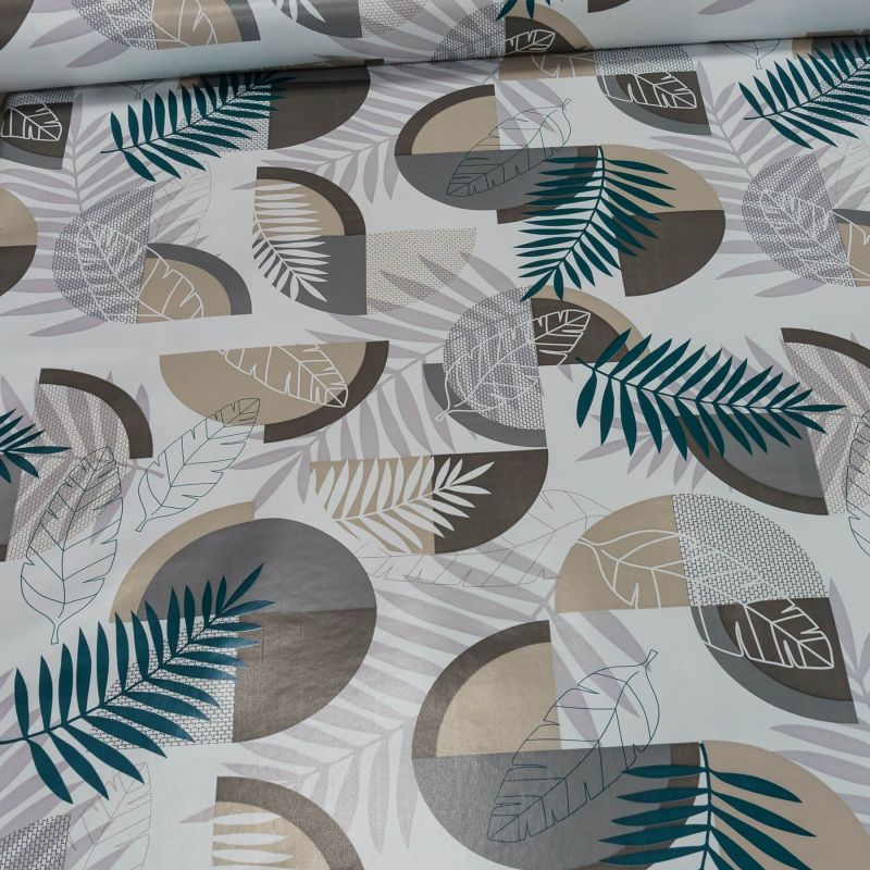 Ubrus PVC s textilním podkladem 193.4, tmavě zelené listy a šedá geometrie, š.140cm (metráž)