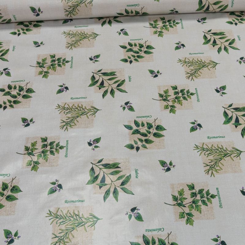 Ubrus PVC s textilním podkladem 409.1, zelené bylinky na pytlovině, š.140cm (metráž)
