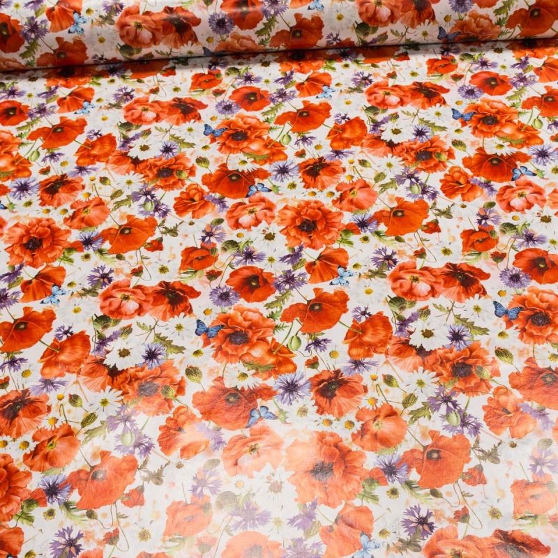 Ubrus PVC s textilním podkladem 5744710 vlčí máky s květinami, červená, š.140cm (metráž)