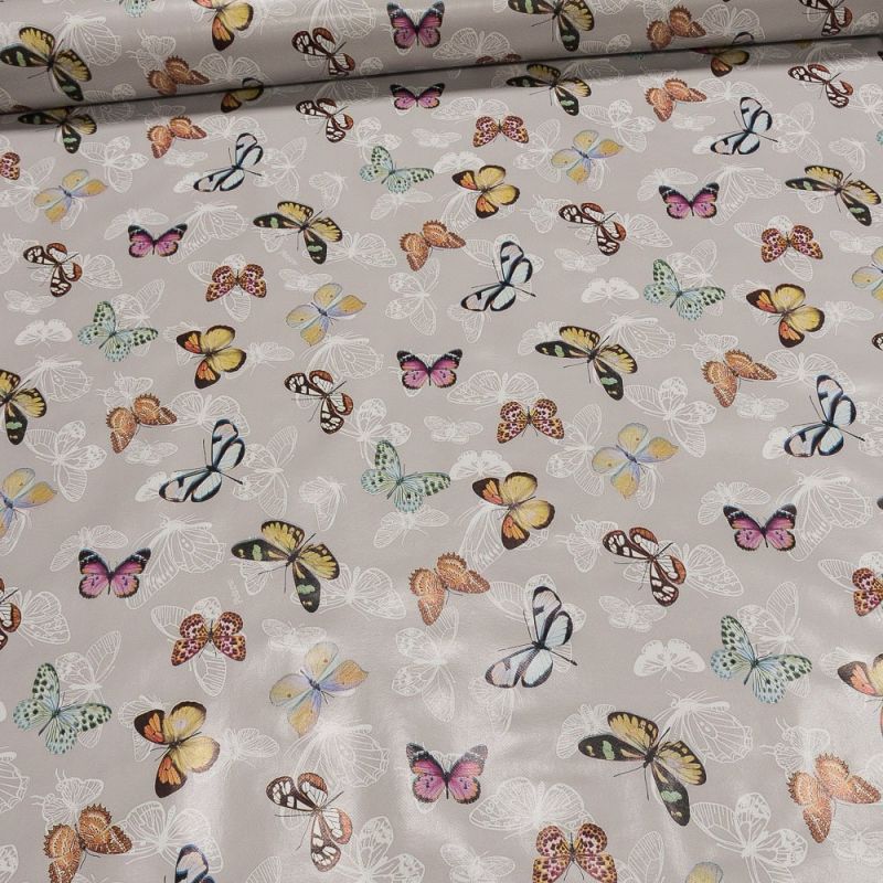 Ubrus PVC s textilním podkladem 607-1, barevní motýli, šedá, š.140cm (metráž)