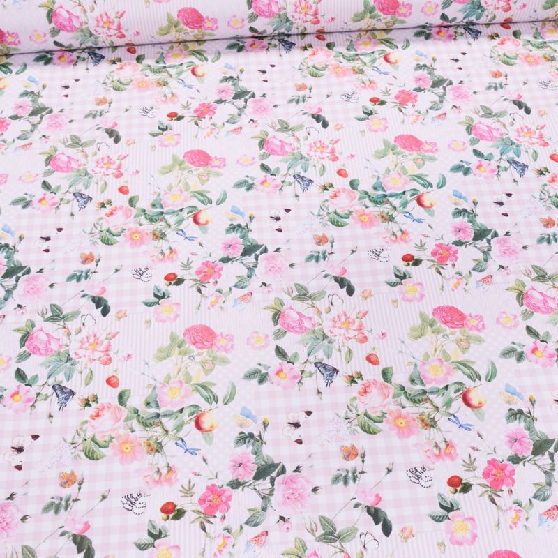 Ubrus PVC s textilním podkladem 7745110, růžičky na růžovém patchworku, š.140cm (metráž)