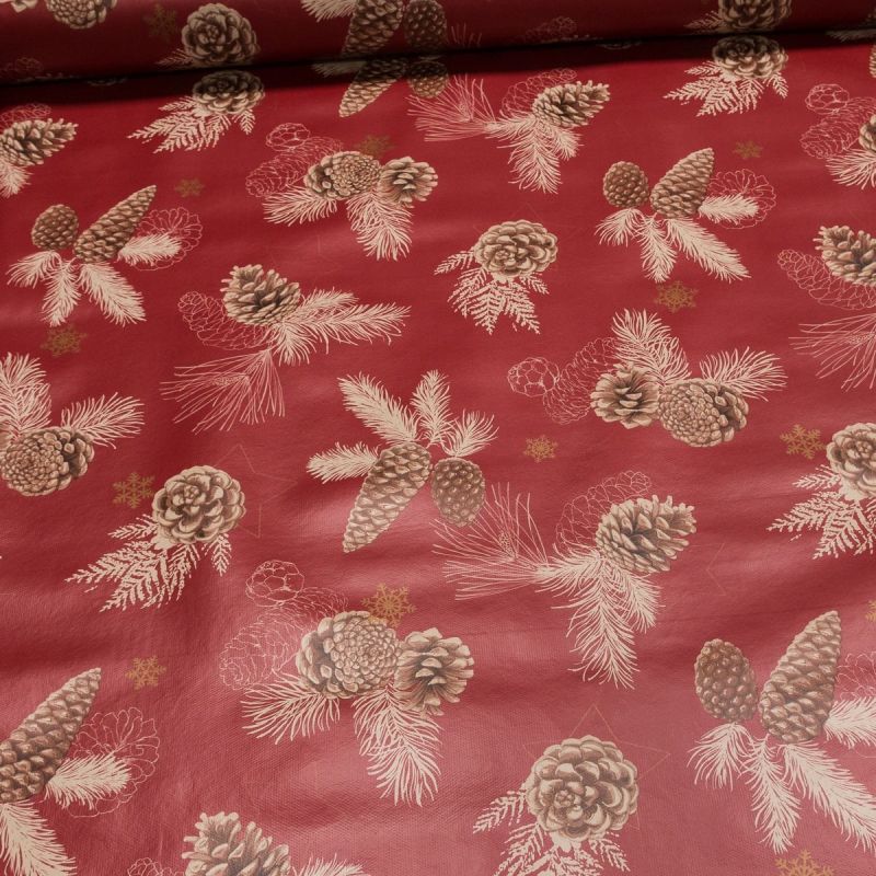 Ubrus PVC s textilním podkladem vánoční 4Y1/07 šišky na červené, š.140cm (metráž)