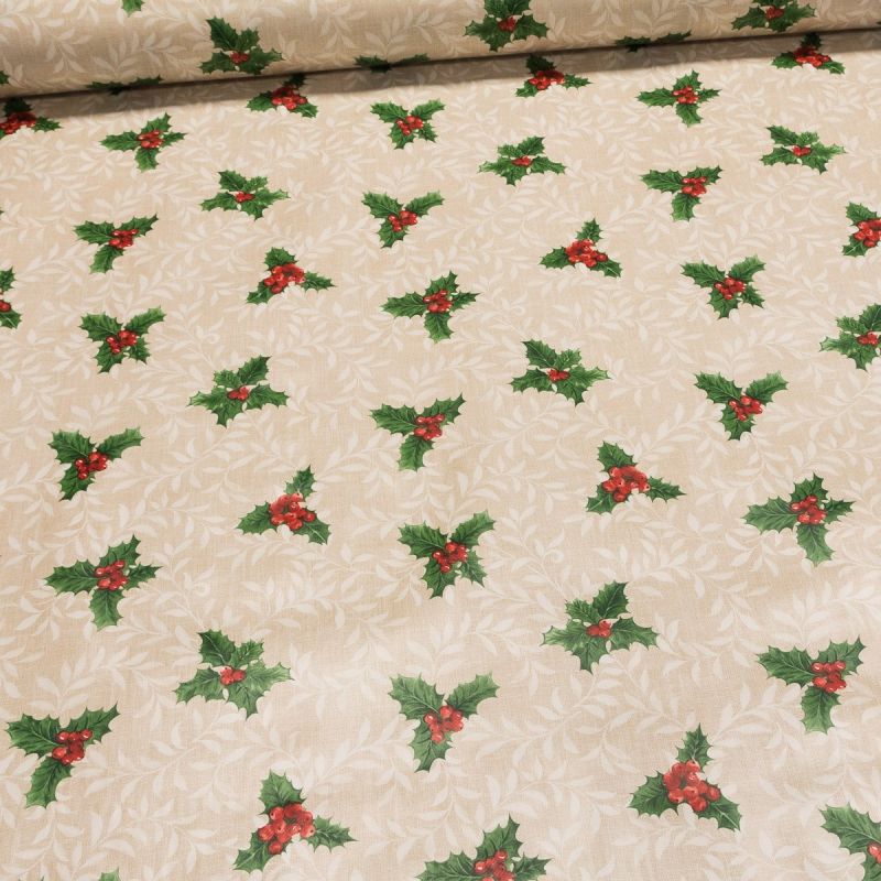 Ubrus PVC s textilním podkladem vánoční N48/01 cesmína na béžové, š.140cm (metráž)