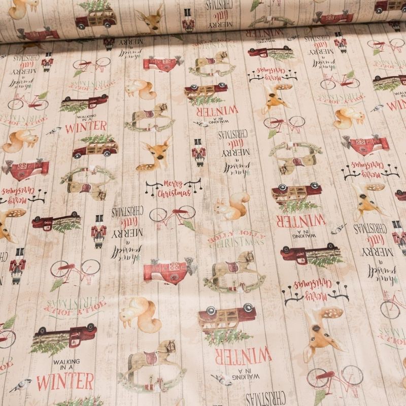 Ubrus PVC s textilním podkladem vánoční N5L/01 vánoční motivy na prknech, béžová š.140cm (metráž)
