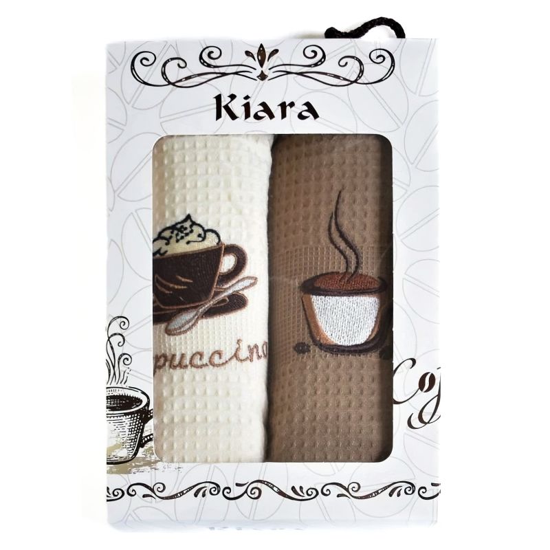 Utěrky KIARA 134 vaflové vyšívané, dárkové balení, kapučíno béžové / smetanové, 2 kusy 50x70cm