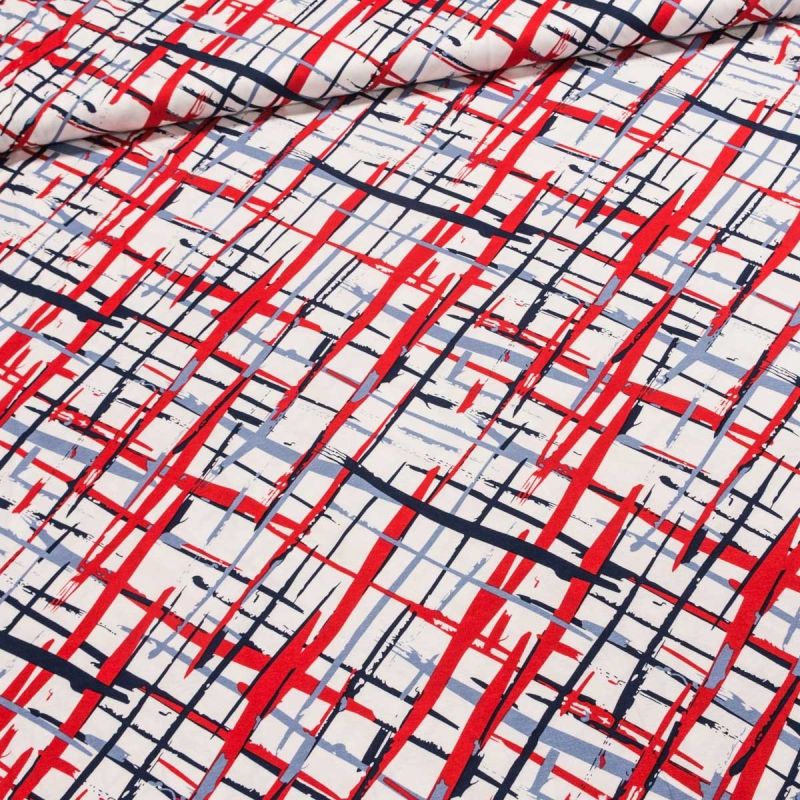 Viskózový úplet 0050/01 modro-červené šmouhy na bílé, š.150cm (látka v metráži)