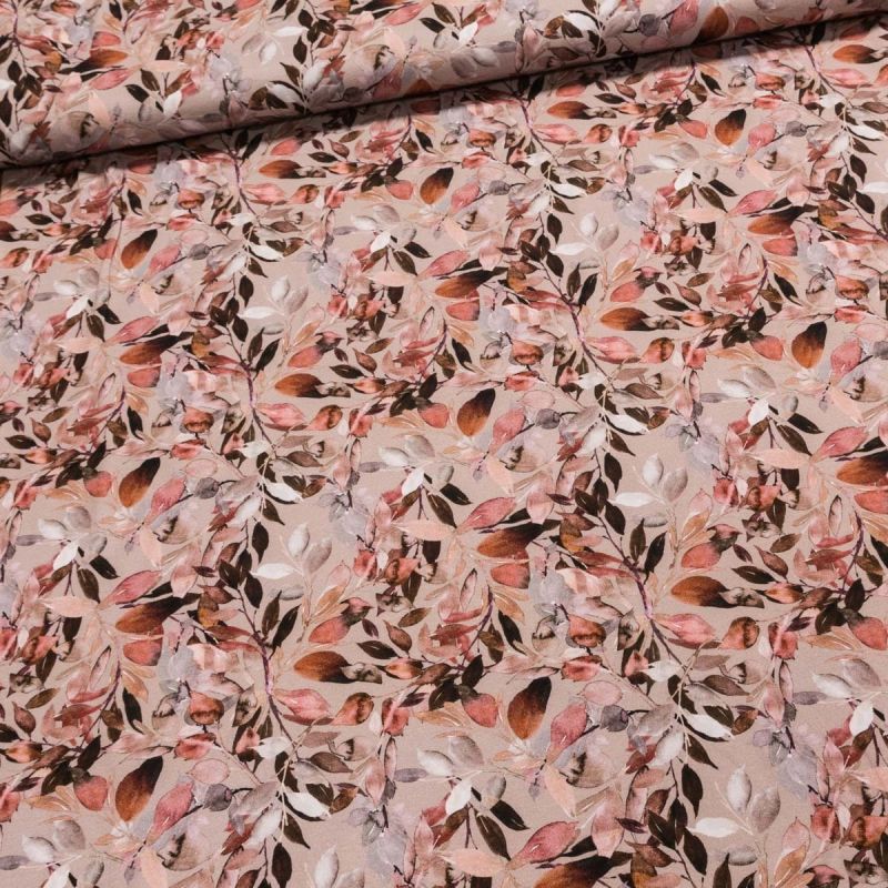 Viskózový úplet DIGITÁLNÍ TISK 2903 1161 lístky na béžové, š.150cm (látka v metráži)