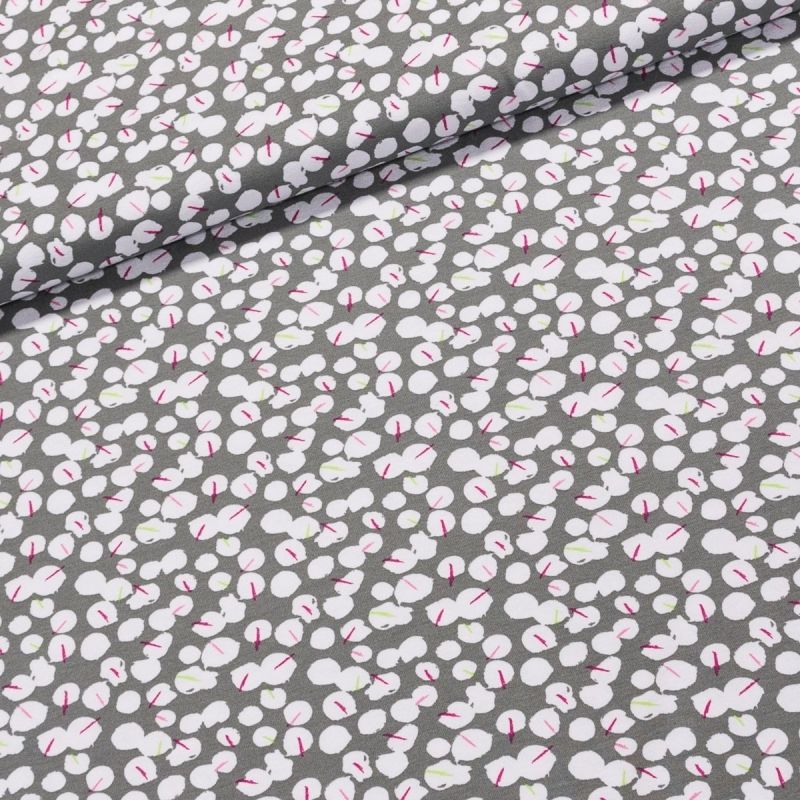 Viskózový úplet VISC 255 bílá kolečka s čárkami na šedé, š.170cm (látka v metráži)