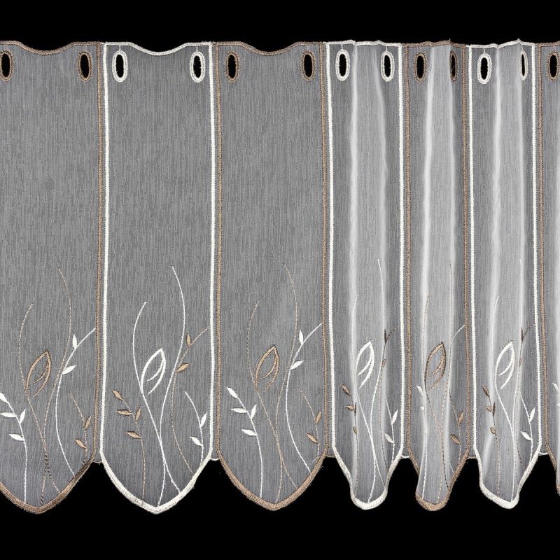 Voálová vitrážová záclona 13566 vyšívané hnědé lístky, s bordurou, smetanová (více výšek, v metráži)