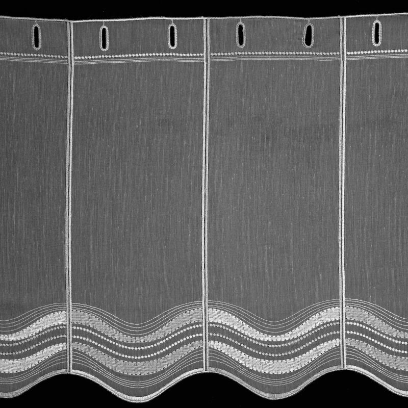 Voálová vitrážová záclona 30108 šedé vlnky, vyšívaná s bordurou, bílá (více výšek, v metráži)