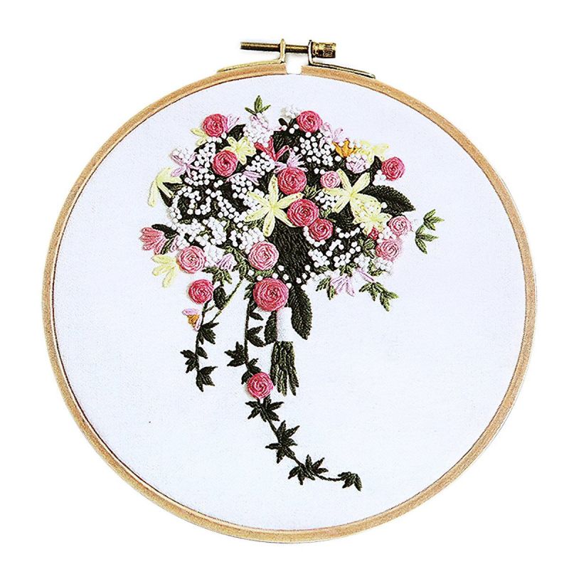 Vyšívací dárková sada s předtištěným motivem 380636/1, růžovo-žlutá kytice (předtisk, jehly a příze), 15x22cm