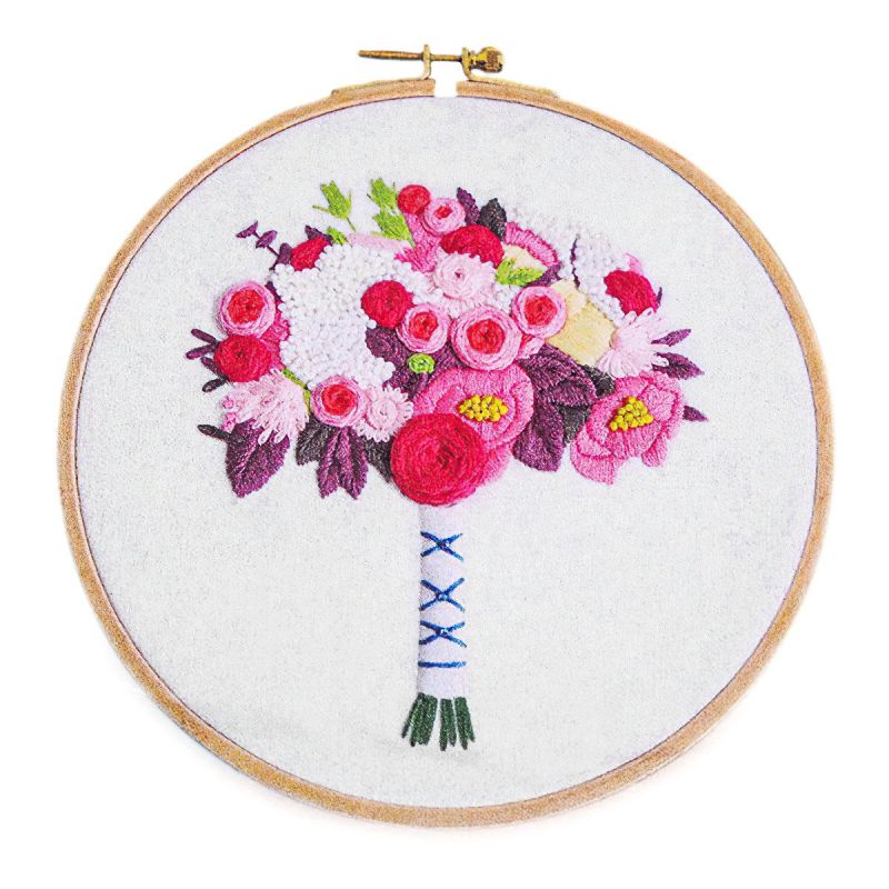 Vyšívací dárková sada s předtištěným motivem 380637/10, růžovo-fialová kytice (předtisk, jehly a příze), 15x22cm