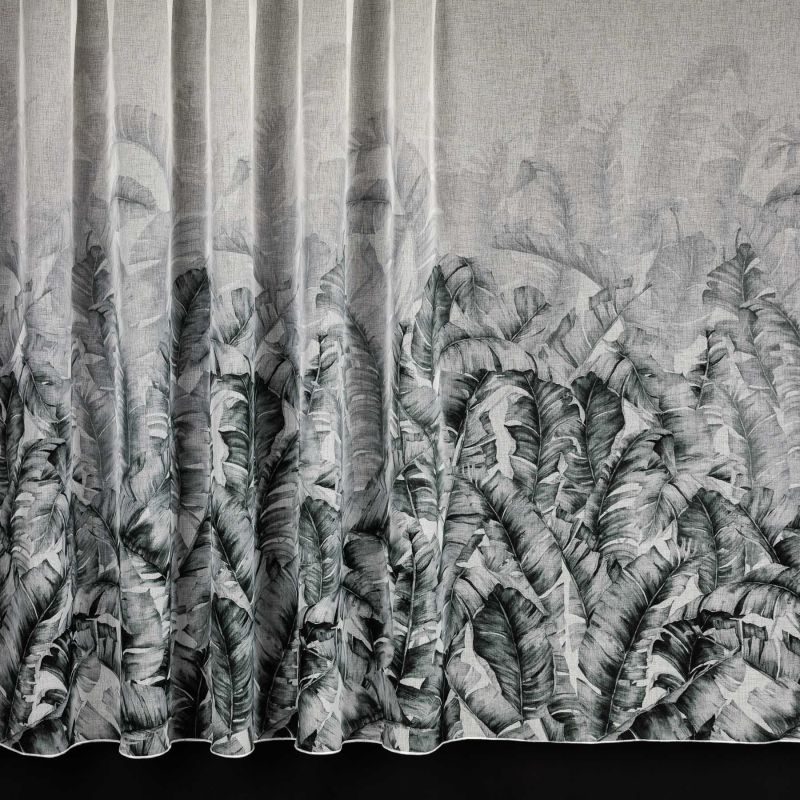 Záclona / lehká závěsovina polyesterový batist 4096/1, zeleno-šedé listy na smetanové, s olůvkem, (více výšek, v metráži)