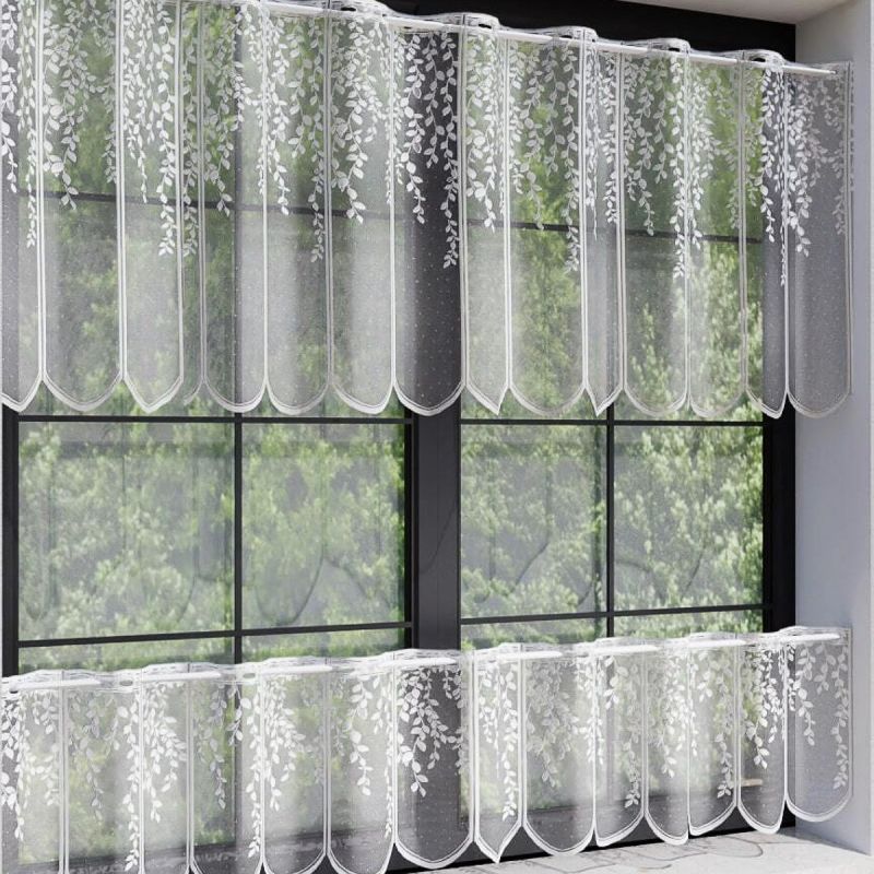 Žakárová vitrážová záclona 607414/011, lístečky, bílá (více výšek, v metráži)