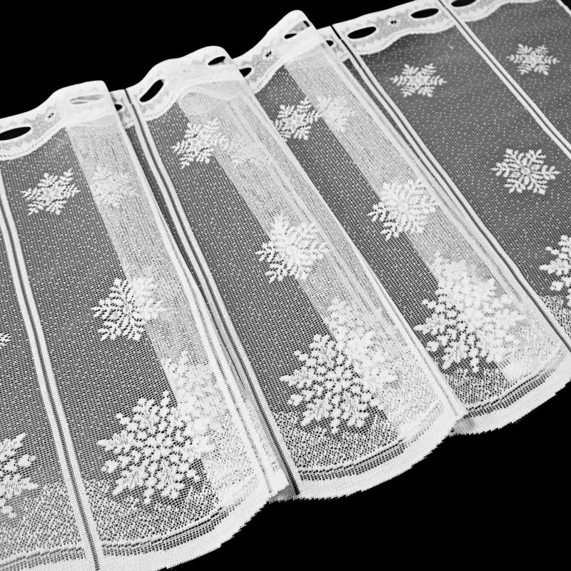 Žakárová vitrážová záclona VLOČKY 36310, zimní, vánoční vzor s bordurou, bílá (více výšek, v metráži)