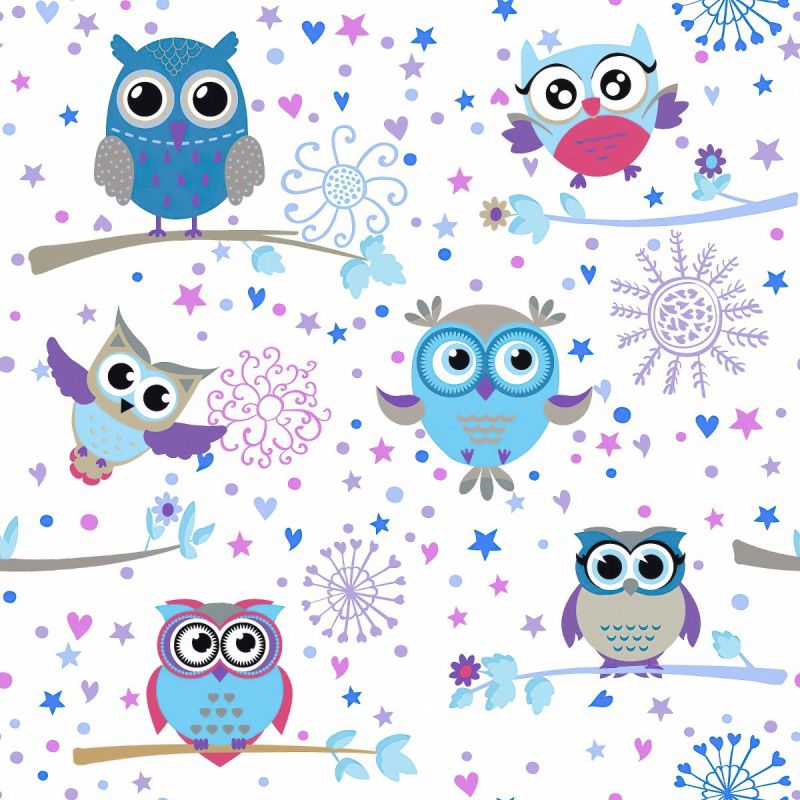 Zatemňovací / termoizolační závěs, dětský blackout 361038-102 SOVY na větvi, modré, šířka 150cm (látka v metráži)