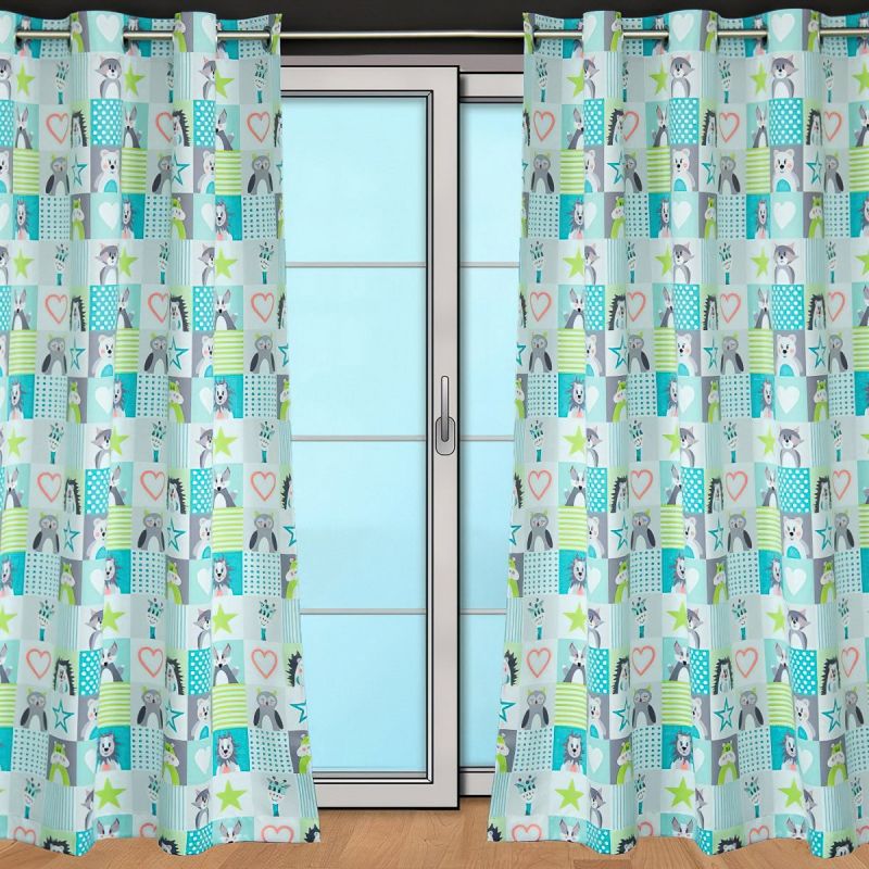 Zatemňovací / termoizolační závěs dětský, blackout 10004/10 ZVÍŘÁTKA PEXESO, tyrkysovo-bílý, šířka 150cm (látka v metráži)